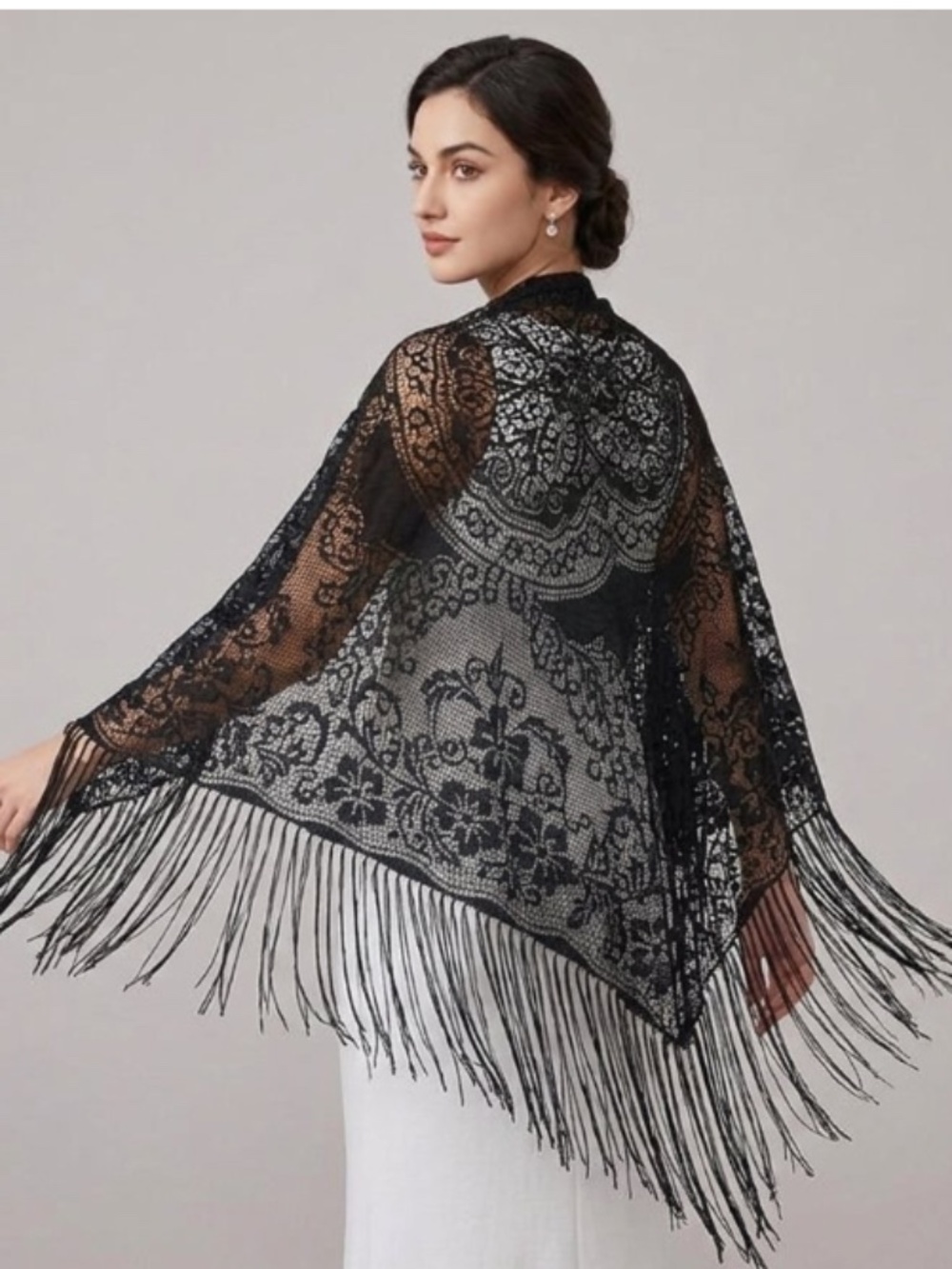 🇮🇹 Italiam-Made Jet Black Lace Triangular Piano Shawl with Long Fringe